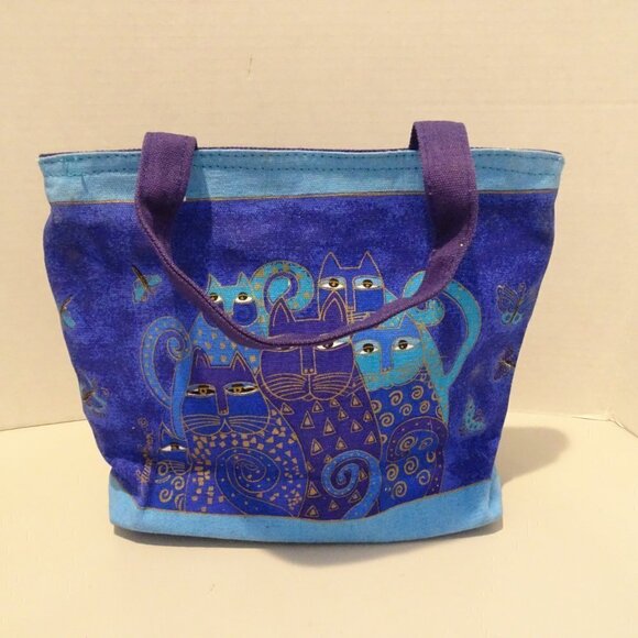 Indigo Cats Laurel Burch Small Canvas Purse Tote Handbag Blue NEW Beaded Sequin - Picture 6 of 8